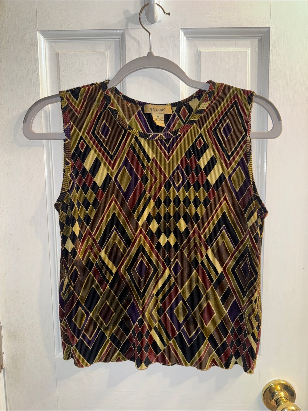 Multicolor Geometric Plissé Tank — Olive, Black, Burgundy, Brown